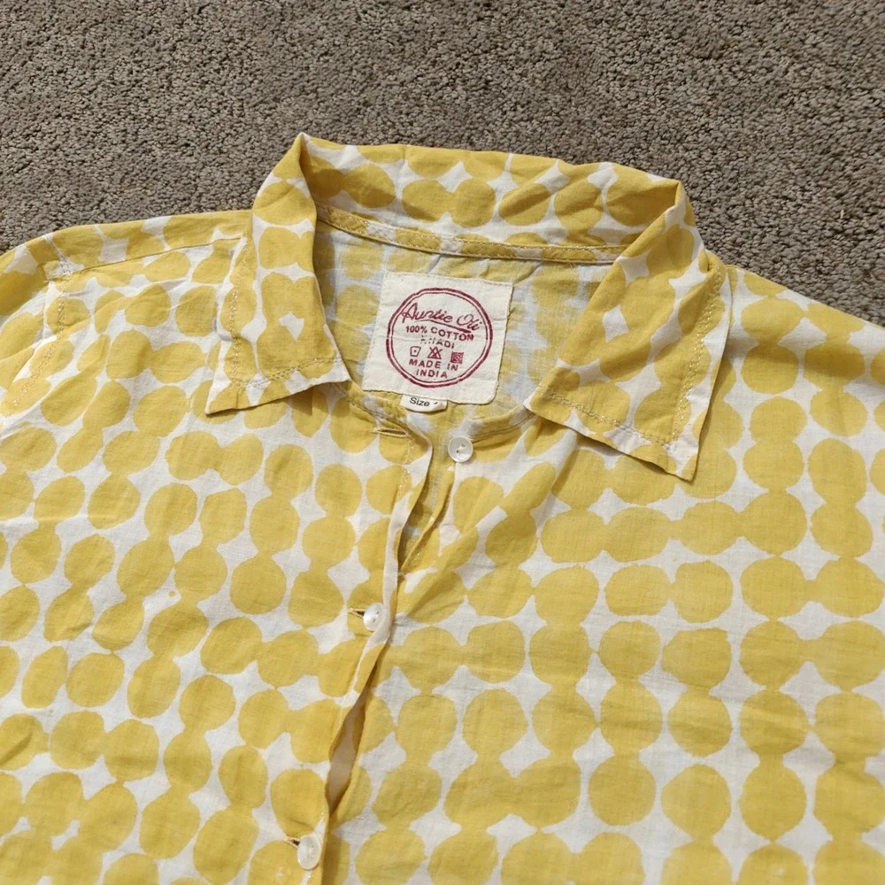 Auntie Oti Yellow White Polka Dot 100% Cotton Khadi Button Up Shirt Womens Large - Picture 5 of 12